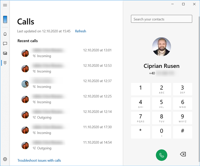 Hacer llamadas telefónicas con su teléfono desde Windows 10