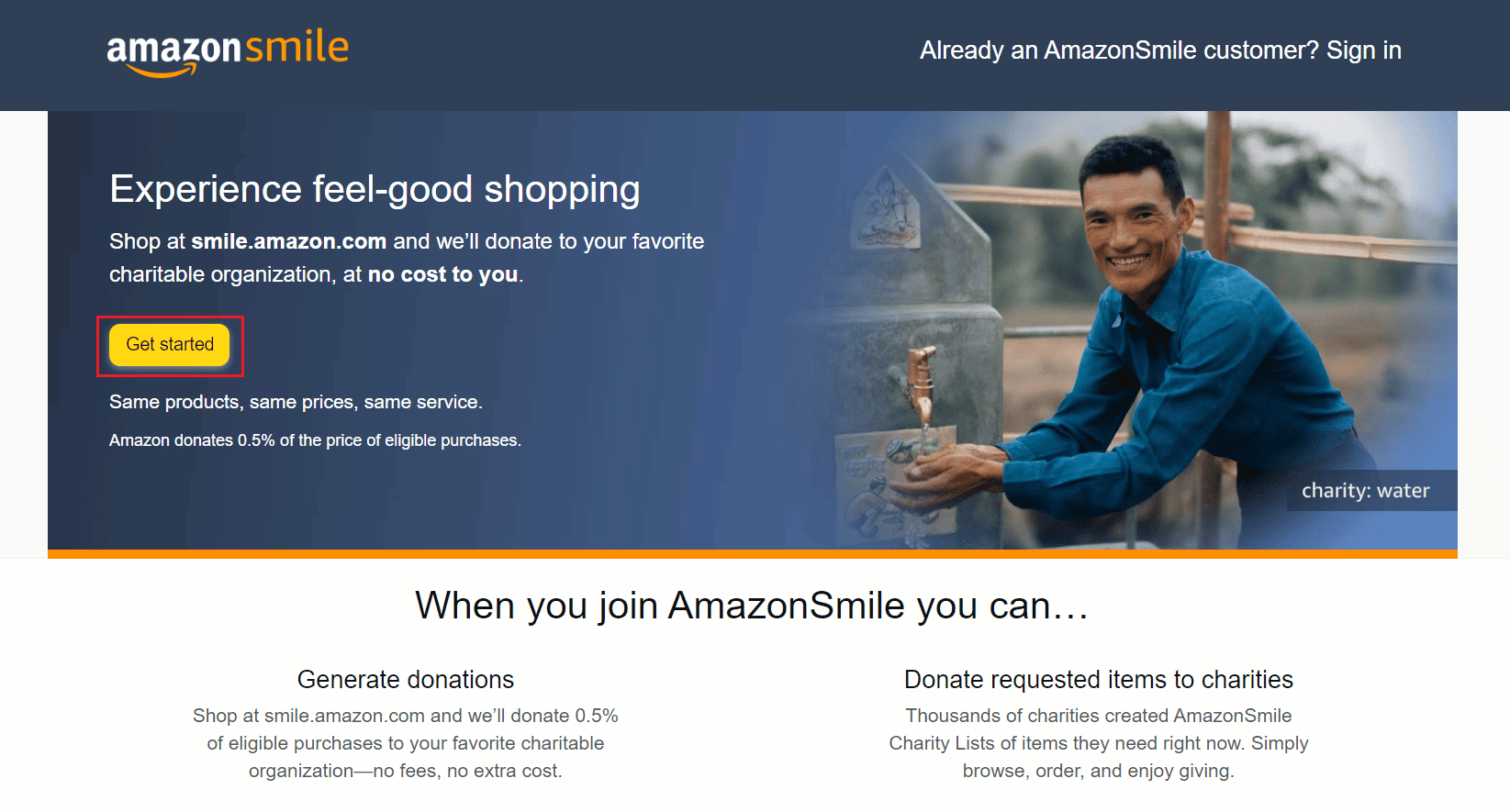 Sitio web de Amazon Smile: haga clic en Comenzar |  Cómo iniciar sesión en su cuenta de Amazon Smile