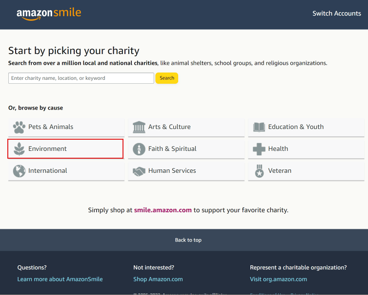 Haga clic en cualquier categoría para seleccionar entre las categorías disponibles |  Cómo iniciar sesión en su cuenta de Amazon Smile