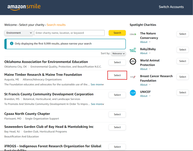 Haga clic en Seleccionar para confirmar su organización benéfica.