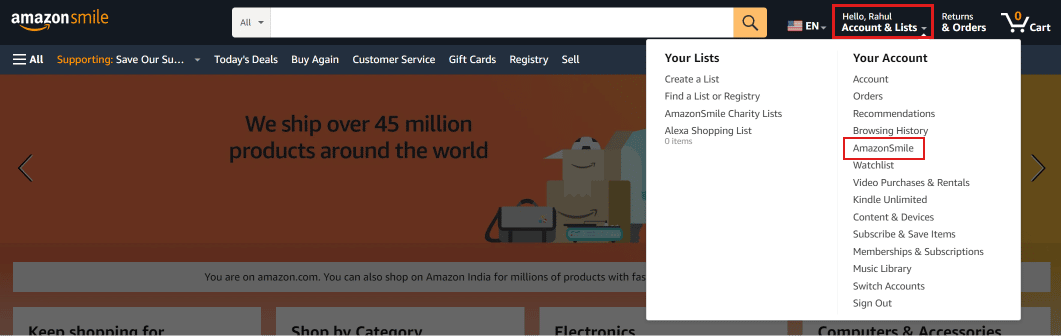 Pase el cursor sobre Cuenta y listas y haga clic en AmazonSmile.  |  Cómo iniciar sesión en su cuenta de Amazon Smile