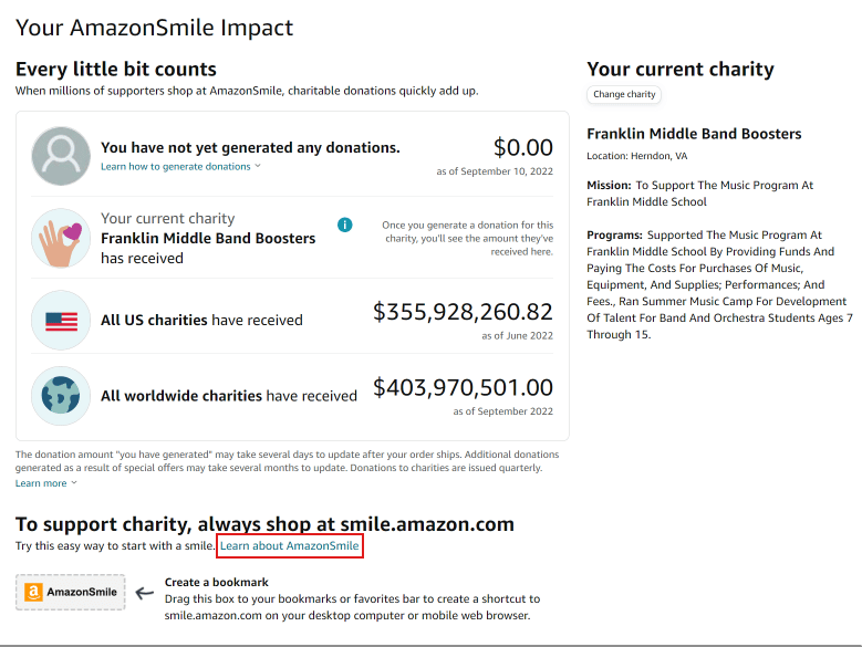 Haga clic en Más información sobre AmazonSmile.