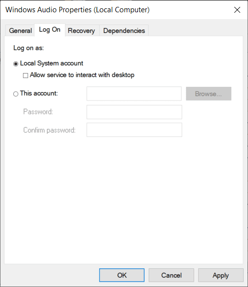 Vaya a la pestaña Iniciar sesión |  Arreglar los servicios de audio que no responden en Windows 10