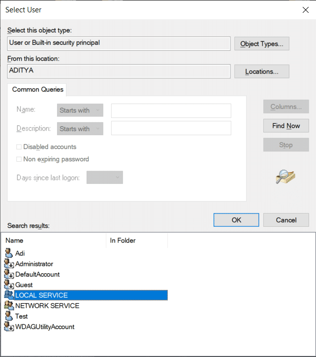 Ahora haga clic en el botón Buscar ahora y luego seleccione SERVICIO LOCAL de los resultados de búsqueda. 