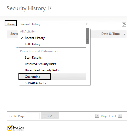 seleccionar cuarentena de show norton