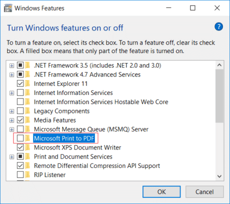 Anule la selección de Microsoft Print to PDF en la función de Windows