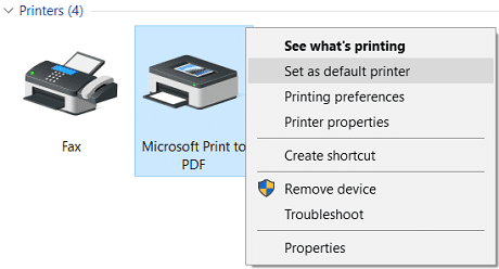 Haga clic derecho en Microsoft Print to PDF, luego seleccione Establecer como impresora predeterminada