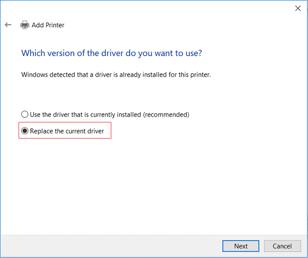Seleccione Reemplazar el controlador actual y haga clic en Siguiente