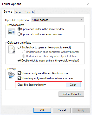 haga clic en el botón Borrar historial del Explorador de archivos para corregir que el Explorador de archivos no se abra en Windows 10