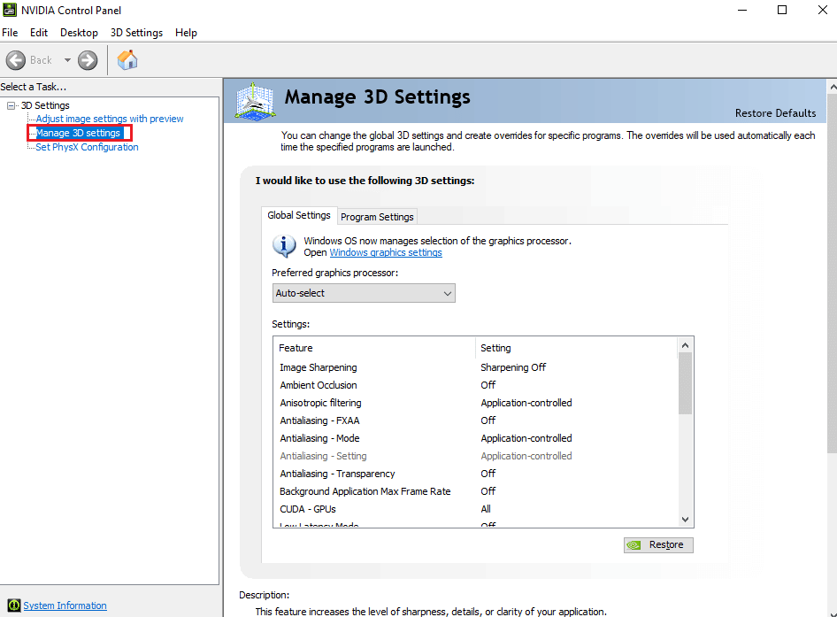 Seleccione Administrar configuración 3D.  Arreglar Generation Zero que no se carga en Windows 10