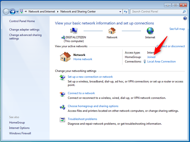 Una computadora con Windows 7 que se unió a un grupo en el hogar