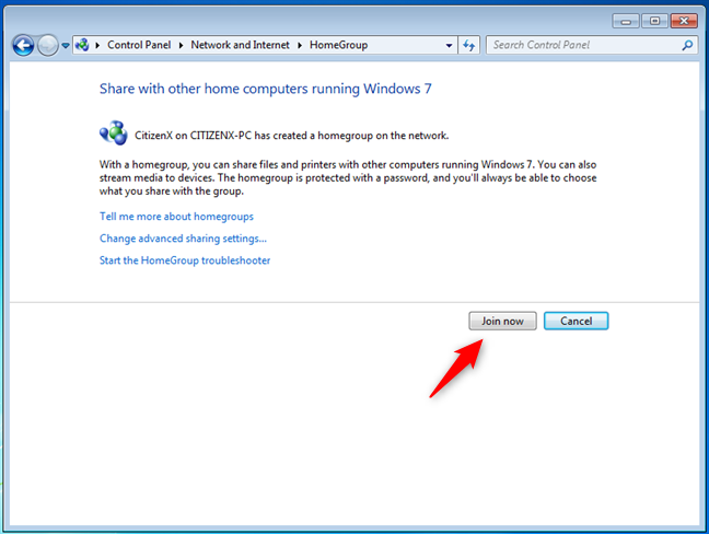 Elegir unirse a un grupo en el hogar de Windows 7