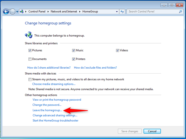 Abandonar un grupo en el hogar de Windows 7