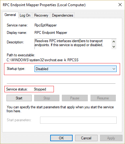 Haga clic en Detener si el servicio se está ejecutando y luego asegúrese de que el Tipo de inicio esté configurado en Deshabilitado