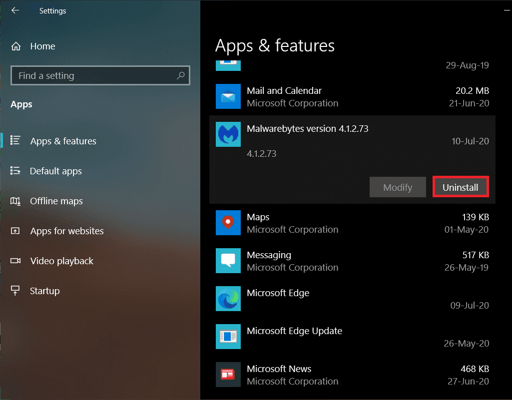 Haga clic en el botón Desinstalar para deshacerse de él |  Arreglar Malwarebytes No se puede conectar el error del servicio