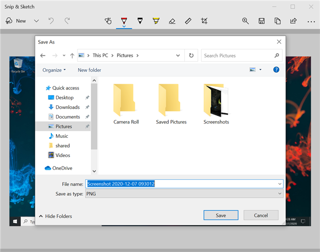 Elija dónde se guardan las capturas de pantalla con Snip & Sketch