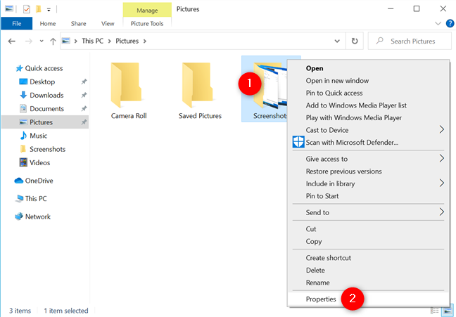 Abra las Propiedades de la carpeta Capturas de pantalla de Windows 10