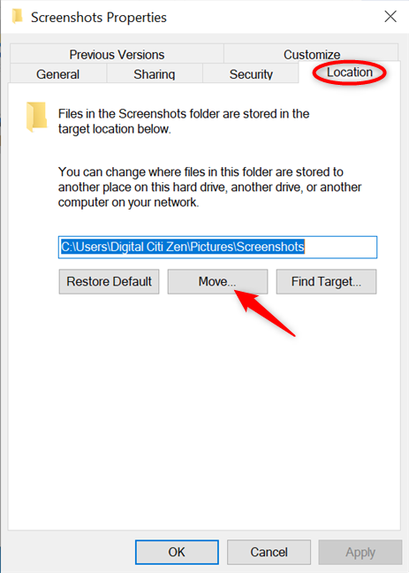 Presione Mover para cambiar dónde guarda Windows 10 las capturas de pantalla
