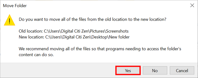 Mueva todas las capturas a la nueva carpeta Capturas de pantalla de Windows 10