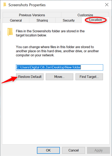 Restaure la ubicación predeterminada donde van sus pantallas de impresión en Windows 10