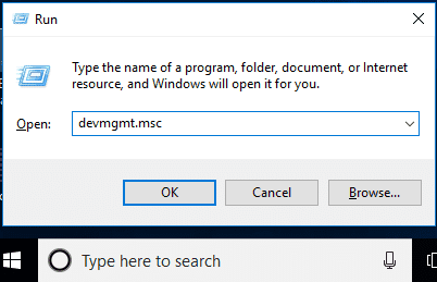 Presione Windows + R y escriba devmgmt.msc y presione enter para abrir el administrador de dispositivos