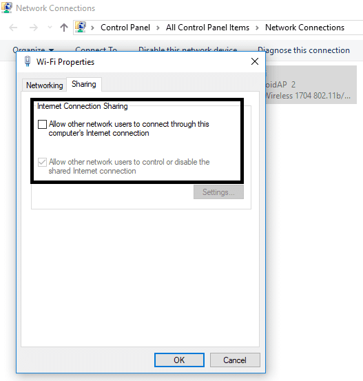 Navegue a la pestaña Compartir y desmarque ambas opciones |  Arreglar el punto de acceso móvil que no funciona en Windows 10