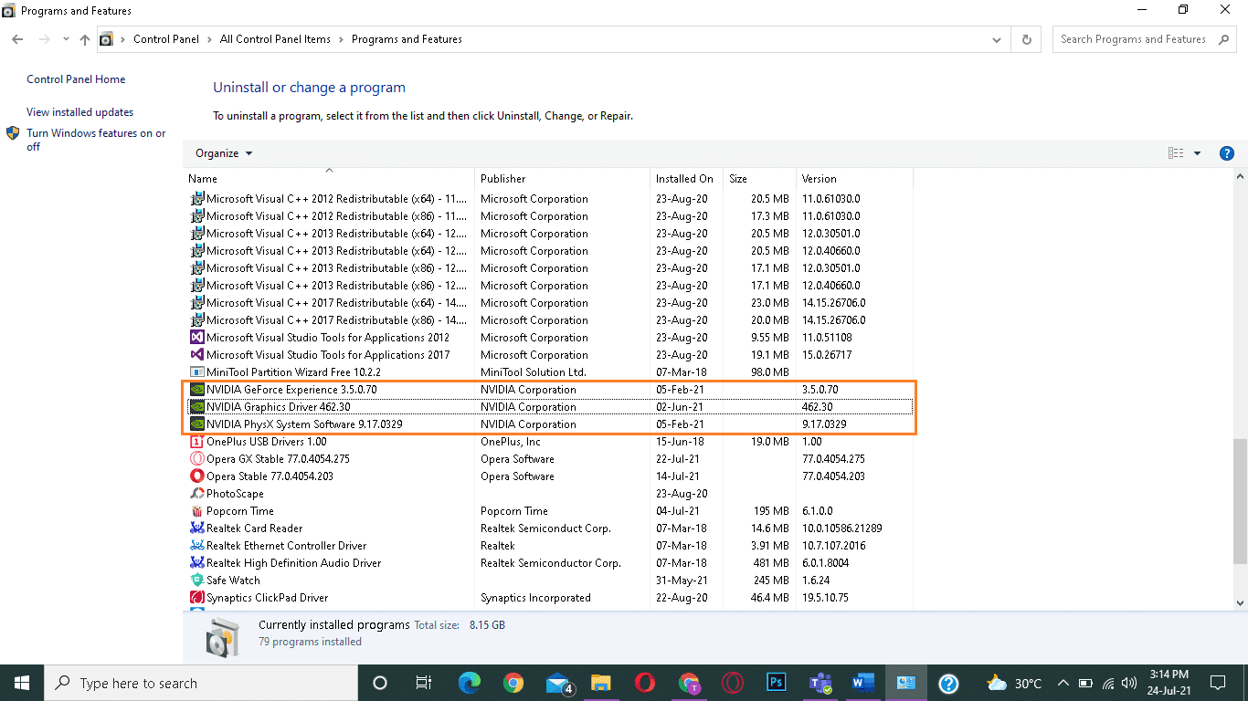Haga clic derecho en cualquier componente de NVIDIA y seleccione Desinstalar.  Arreglar conexión rechazada sin más información Error de Minecraft