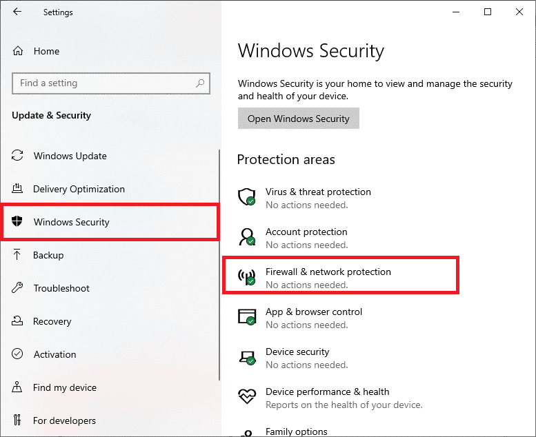 Seleccione la opción Seguridad de Windows en el panel izquierdo y haga clic en Firewall y protección de red