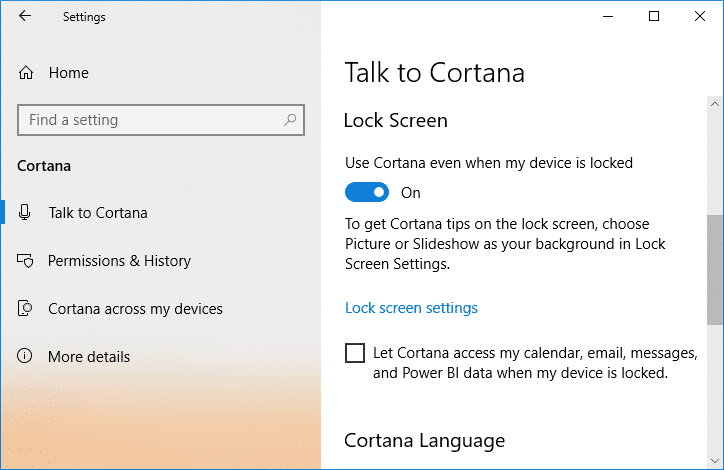 Activar o activar Usar Cortana incluso cuando mi dispositivo está bloqueado