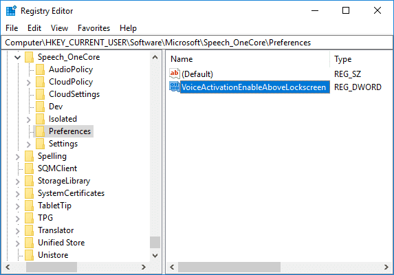 Vaya a Preferencias en el registro y luego haga doble clic en VoiceActivationEnableAboveLockscreen