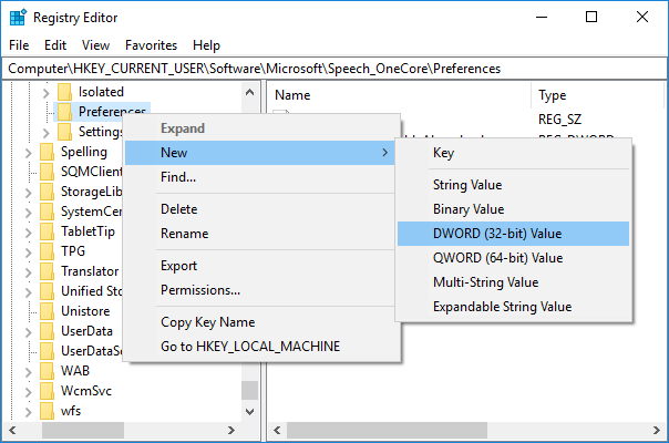 Haga clic derecho en Preferencias, luego seleccione Nuevo y Valor DWORD (32 bits)