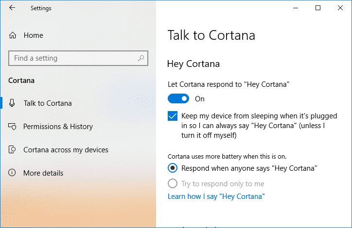Active Permitir que Cortana responda a Hey Cortana