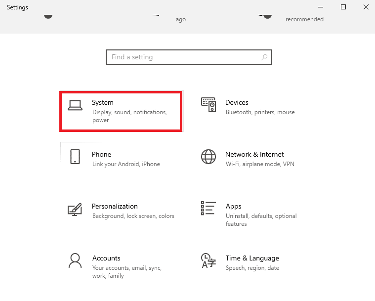 haga clic en la configuración del sistema.  Arreglar 144Hz que no aparece en Windows 10