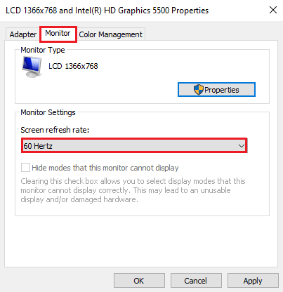 Navegue a la pestaña Monitor y haga clic en la frecuencia de actualización requerida en el menú desplegable de la frecuencia de actualización de la pantalla.  Arreglar 144Hz que no aparece en Windows 10