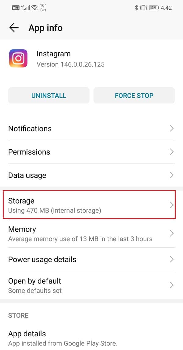 Haga clic en la opción Almacenamiento |  Reparar Instagram No se pudo actualizar el error de alimentación en Android