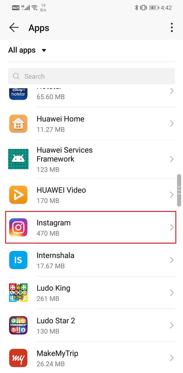 Seleccione la aplicación de Instagram de la lista de aplicaciones