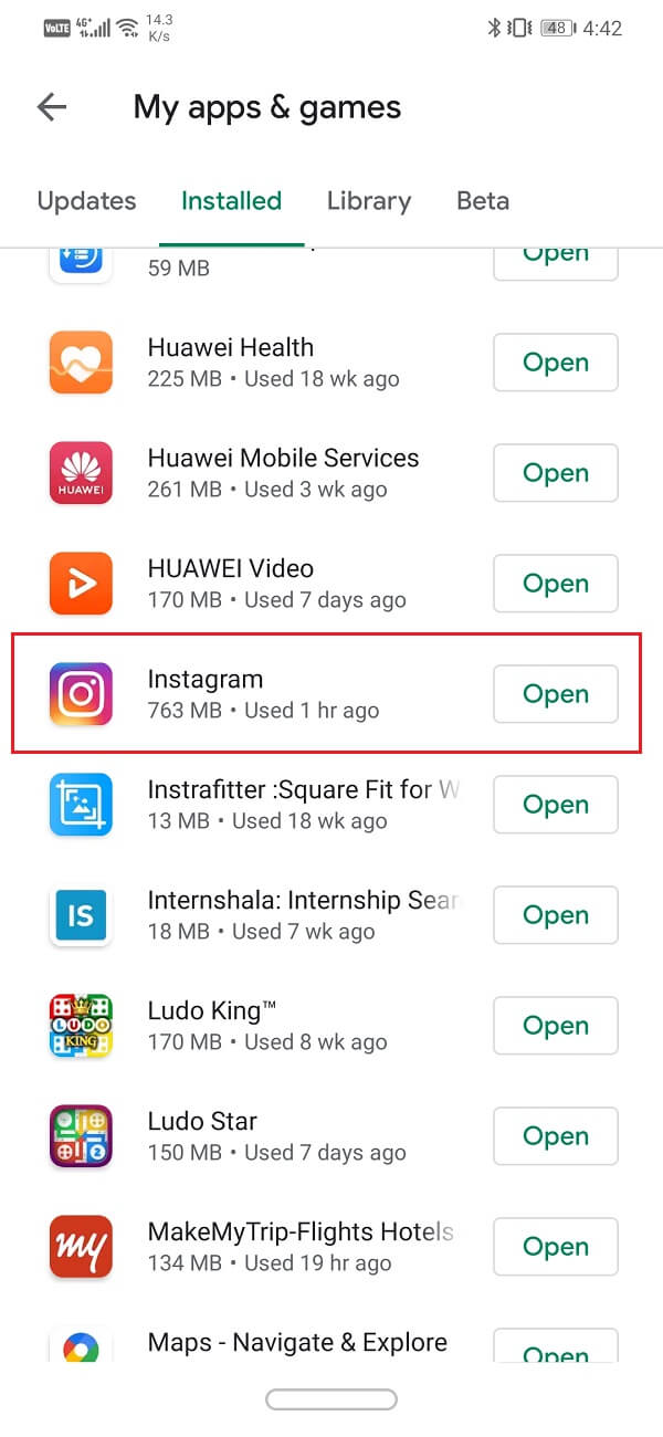 Busca Instagram y comprueba si hay alguna actualización pendiente |  Reparar Instagram No se pudo actualizar el error de alimentación en Android