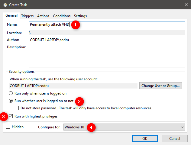 Cómo adjuntar permanentemente un VHD: configuración general para la tarea