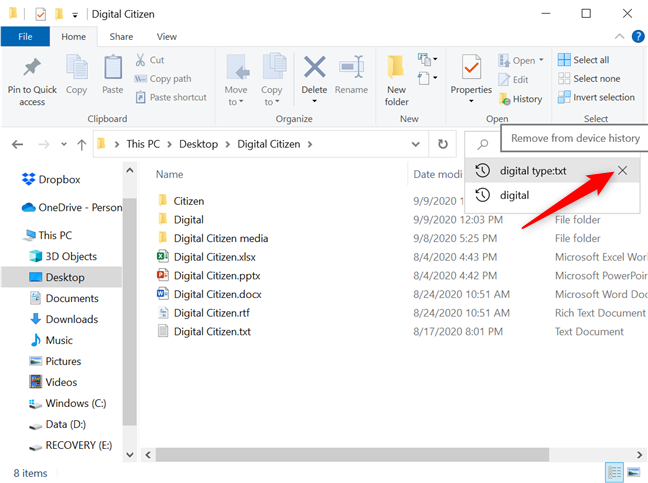 Presione X para eliminar del historial del dispositivo