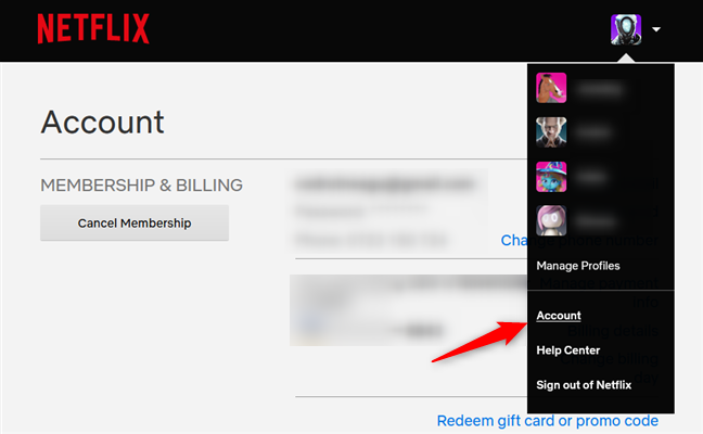 La opción Cuenta del menú de Netflix