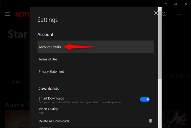El vínculo Detalles de la cuenta de la aplicación de Netflix para Windows 10