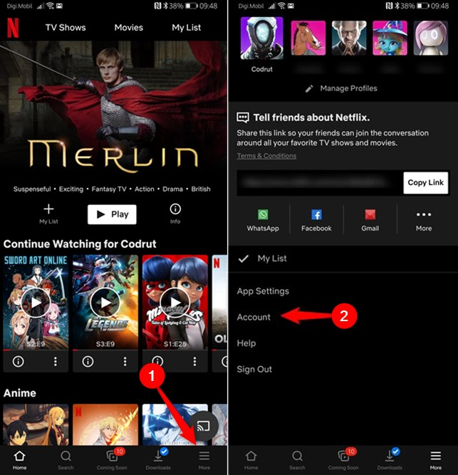 Ir al enlace Cuenta desde la aplicación de Netflix para Android