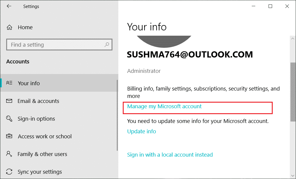 Seleccione Su información y luego haga clic en Administrar mi cuenta de Microsoft