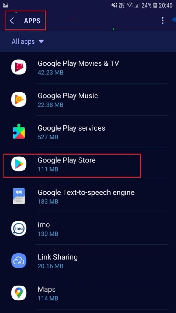 .  Seleccione Todas las aplicaciones y busque y abra Google Play Store