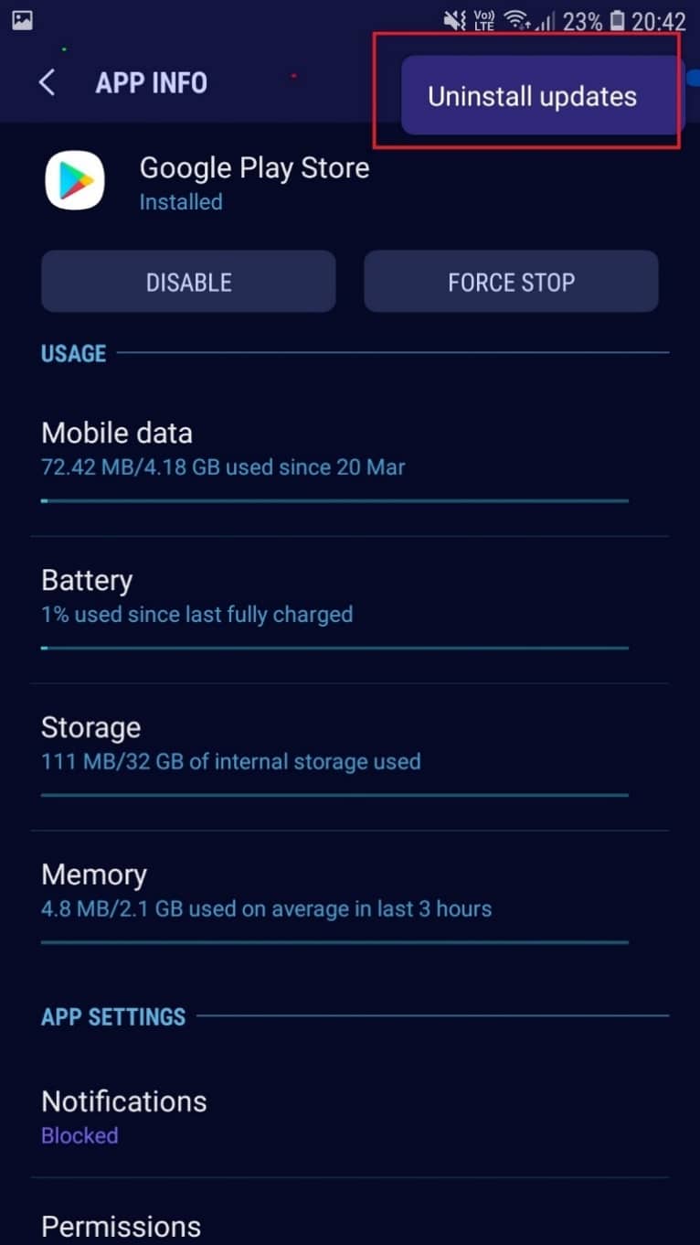 elija Desinstalar actualizaciones |  Solucionar el error de Play Store DF-DFERH-01