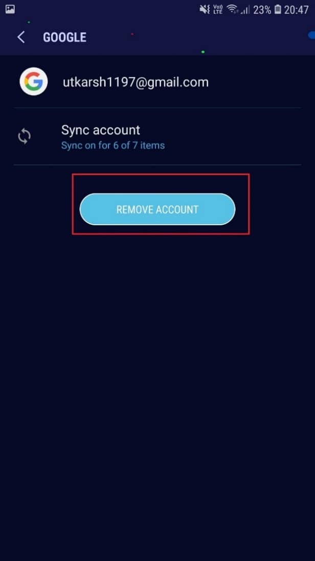 Seleccione ELIMINAR CUENTA en el menú |  Solucionar el error de Play Store DF-DFERH-01