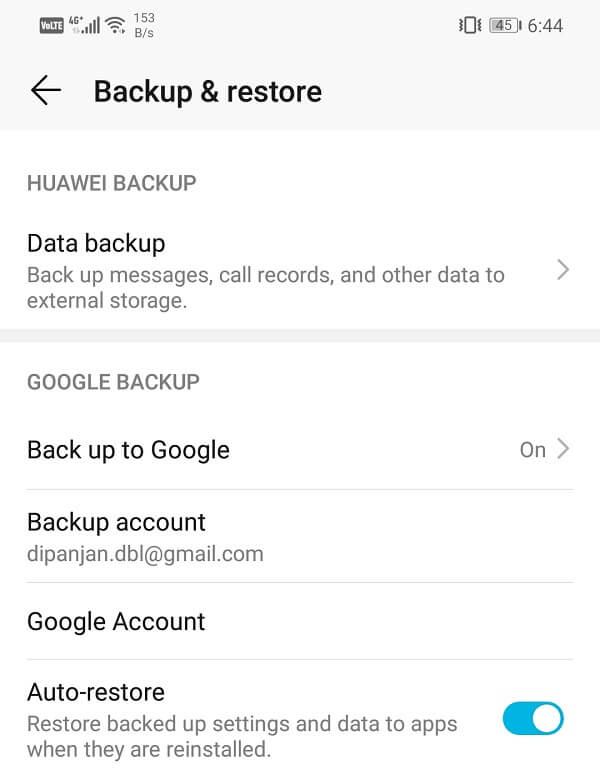 Haga clic en la opción Copia de seguridad de sus datos para guardar sus datos en Google Drive