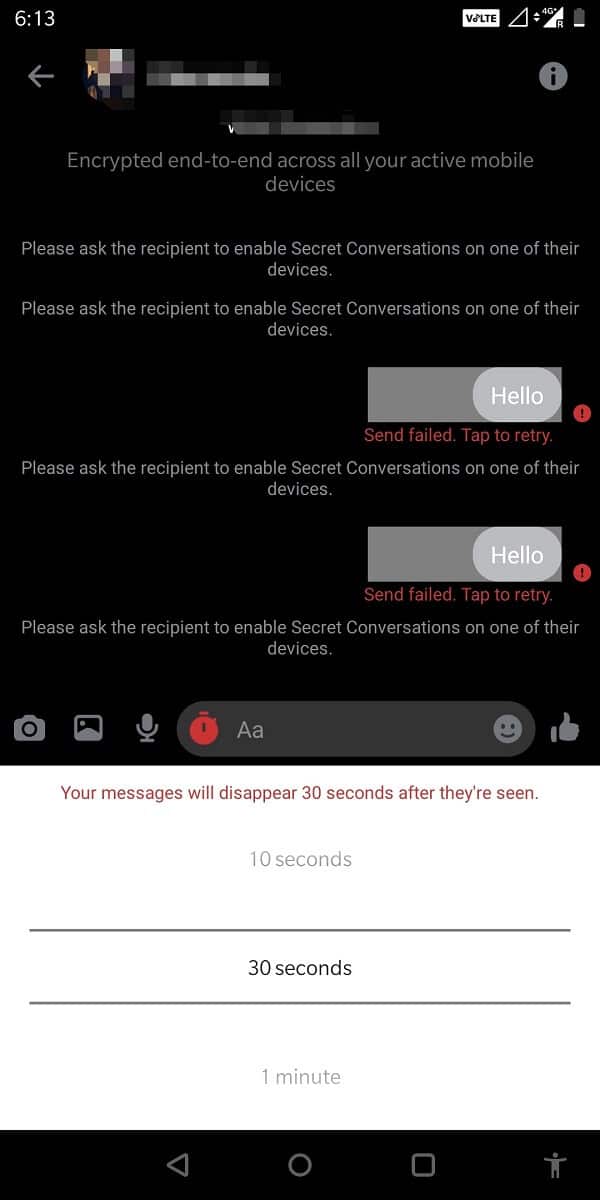 En el pequeño menú que se muestra en la parte inferior, seleccione la duración del tiempo | Cómo iniciar una conversación secreta en Facebook