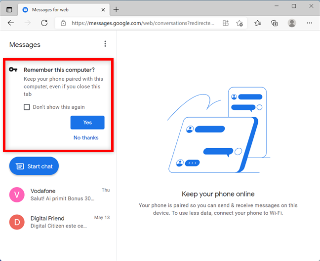 Elija guardar el emparejamiento con su Android en Mensajes para web