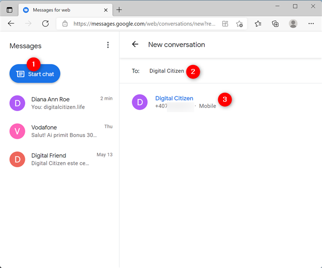 Inicie un chat con un nuevo contacto desde su navegador con Mensajes para la web